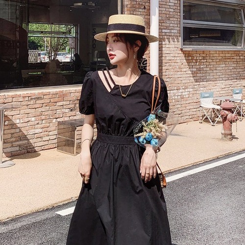 送料無料 ワンピース きれいめフレアAライン リボン付き半袖 ブラック レディース マタニティ 大きいサイズ 膝下丈 春夏秋 韓国ワンピース