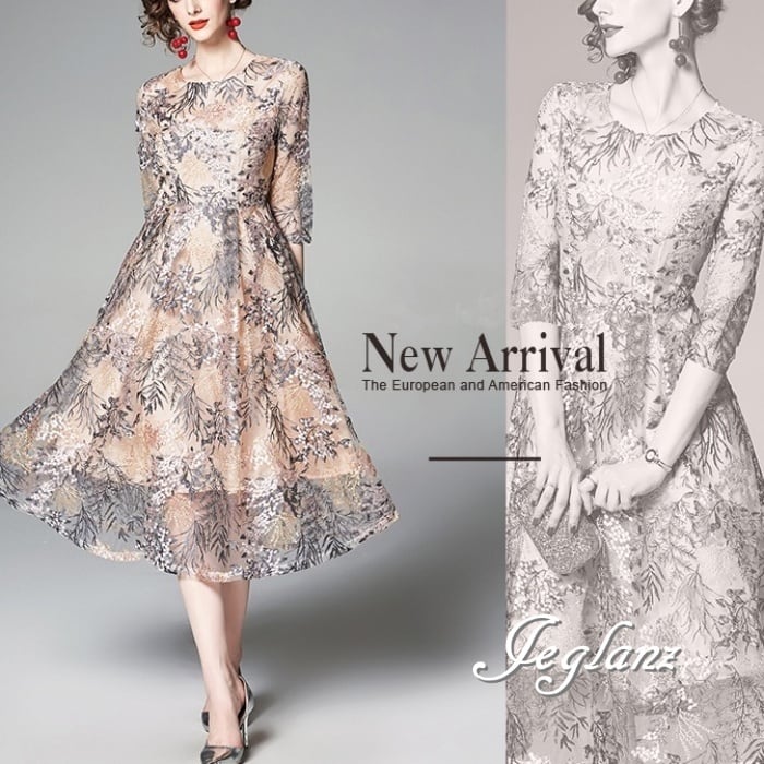 パーティ ドレス ワンピース ボタニカル 刺繍 Aライン 7分袖 ♪(M0603)ζ