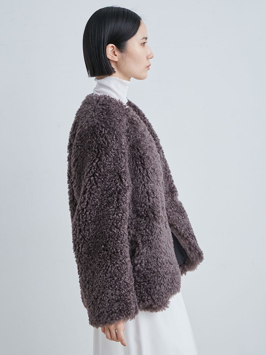 値下げ❣️【定価3.5万✨美品✨】MIESROHEノーカラーファージャケット MIESROHE(Ladies)】recycleノーカラーファージャケット チャコール