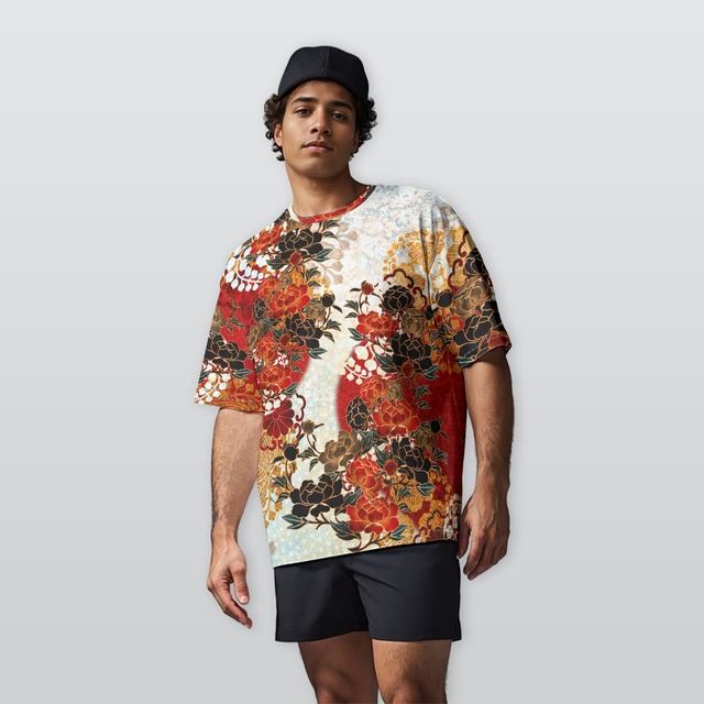 和紋様装飾　牡丹　紅白　和柄ヘビーウェイトコットンTシャツ
