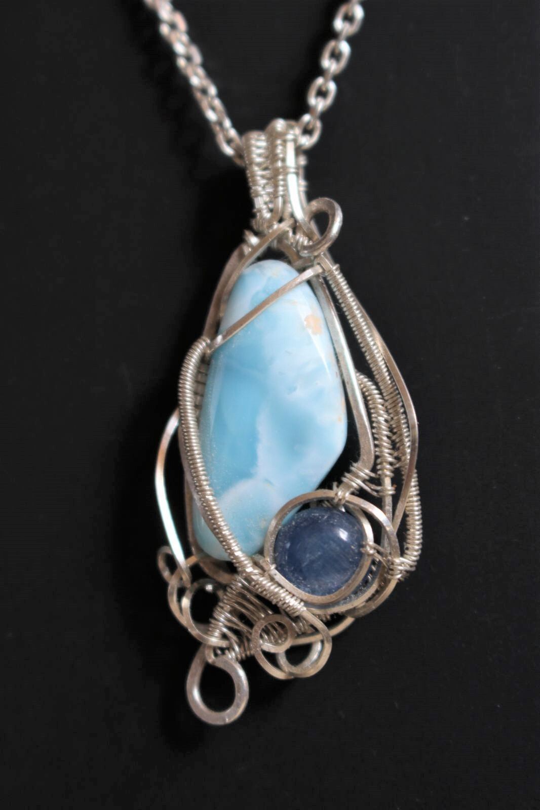 Larimar & Kyanite silver925 wirewrapping pendant