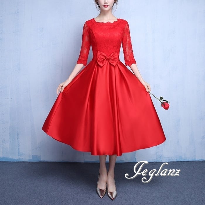 4色 パーティ ワンピース 切替 レース リボン 透け感 7分袖 2パターン(M8020)ζ