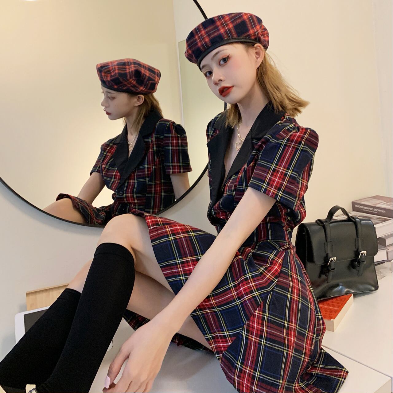 Regit Tartan Check One Piece S S 韓国服 ワンピース チェック柄 タータンチェック 個性的 ミニ ショート丈 ひざ上 半袖 夏 10代 代 プチプラ 着映え 映える ネット通販 Tax001 Regit