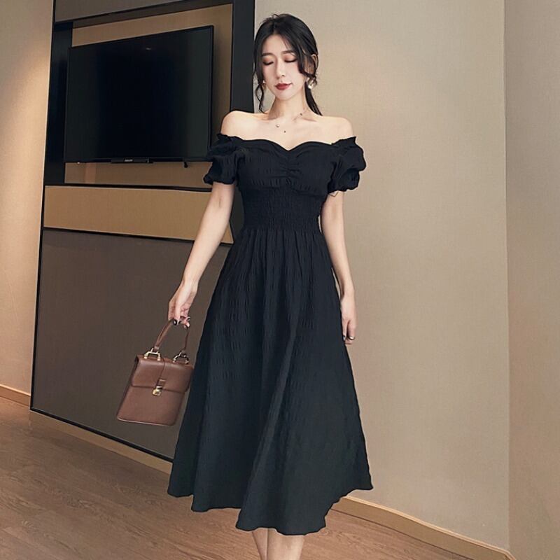 2020年夏の新しい香港スタイルのレトロなヘップバーンワンショルダーウエストツーウェア無地ハイウエストハイウエスト多目的ドレス YY-ファッション79405026944