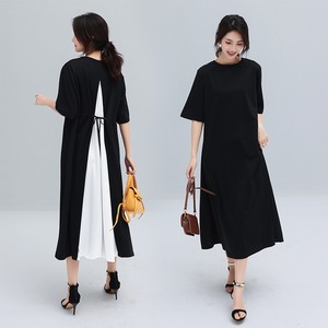 ロングワンピース XL 5分袖 レディース 送料無料 切り替え クルーネック フレア 春夏秋 122964