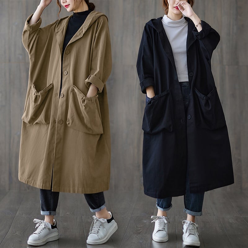 SOLID HOODED LONG CASUAL COAT 3colors M-4389