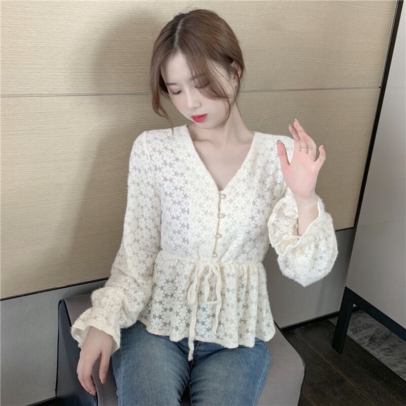 Vネックレースシャツ オータムギャザートップス ロング 長袖 秋物 ハンチェンe39385273552