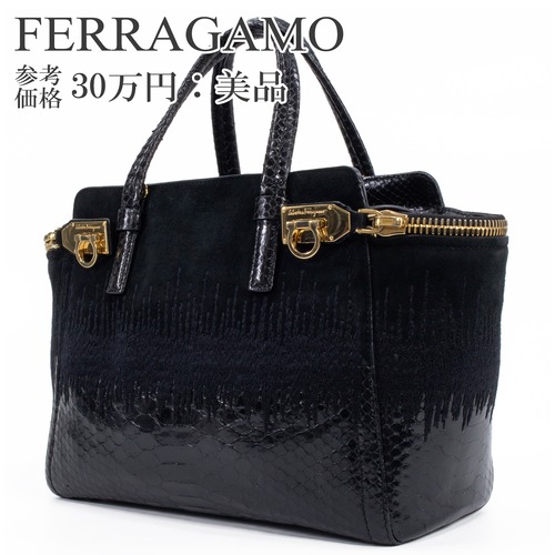 本物 送料無料 フェラガモ ハンドバッグ レディース パイソン アリアナ 黒 ブラック 珍しい 蛇の本革 ガンチーニ ロゴ 綺麗 鞄 バック L219