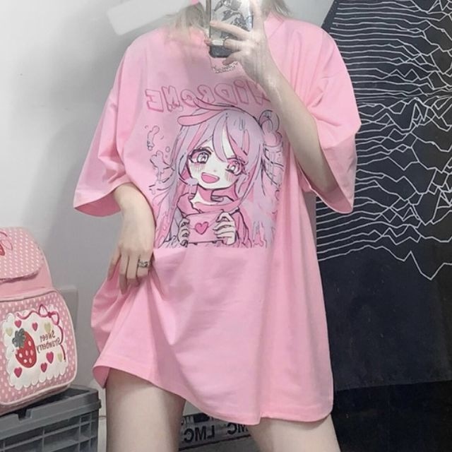 Tシャツ 半袖 女の子プリント オーバーサイズ 大きめ カジュアル 病み可愛い 病みかわ 地雷系 韓国ストリートファッション 韓国ファッション レディース / Pink Girl Print Loose Half Sleeve T-shirt Trendy (DTC-639289235097)