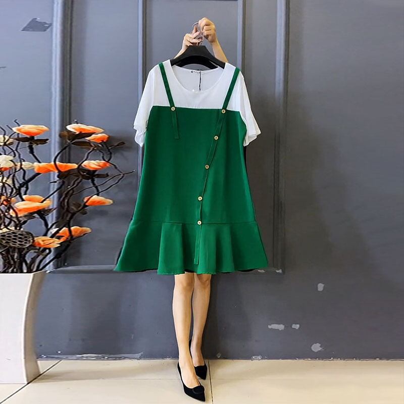 ドレス サマースタイル薄手ラウンドネックツーピース 大きめサイズ 夏物 Oネック ミックスインファッション68133643748