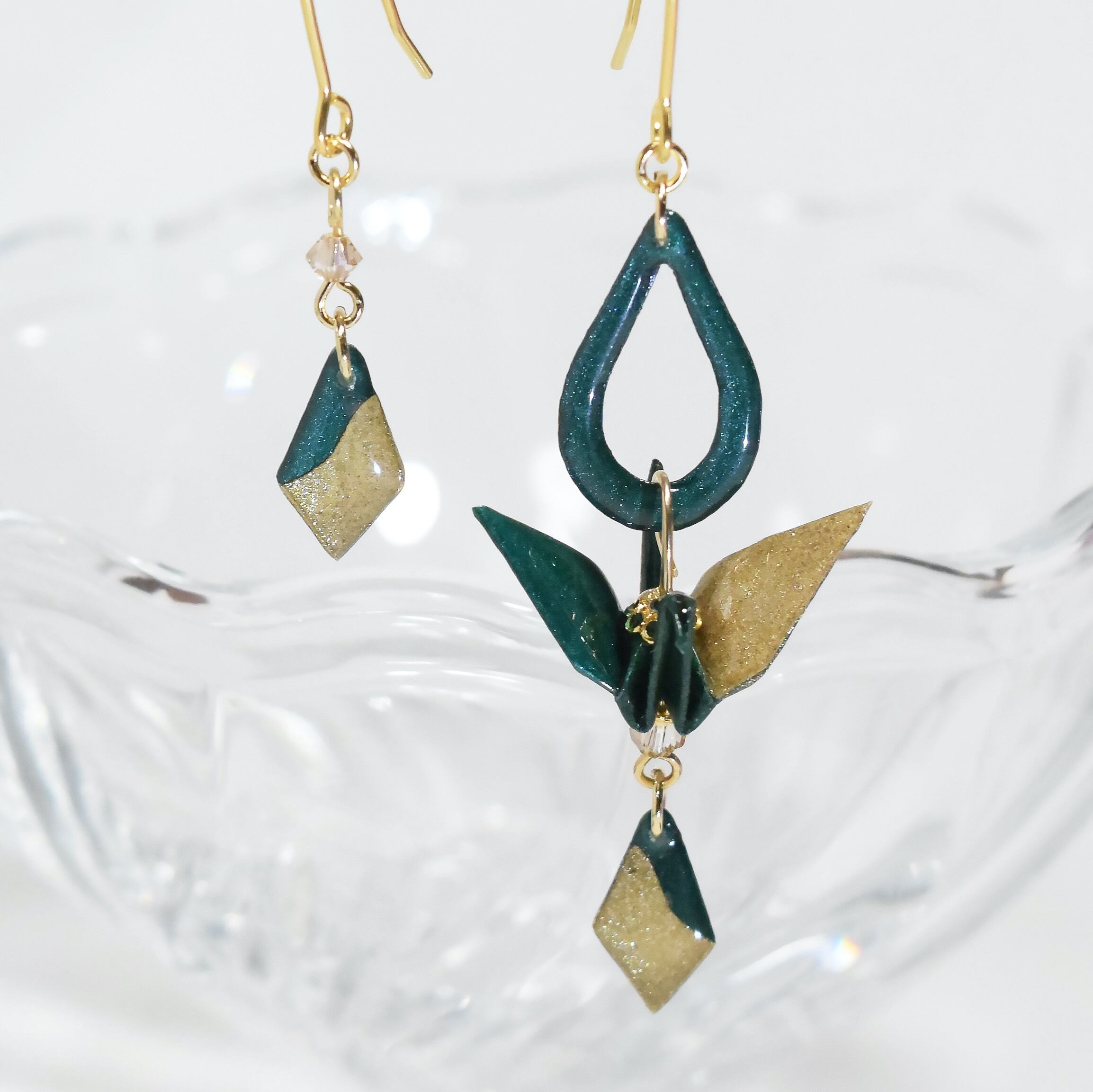 バイカラーグリーン x ゴールド折り鶴