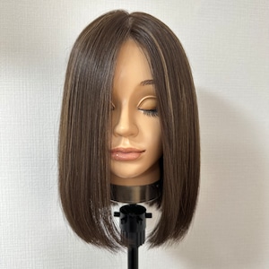 3Dウィッグ 未カット 30cm マットブラウン系ハイライト 百合子ウィッグレミー人毛100%