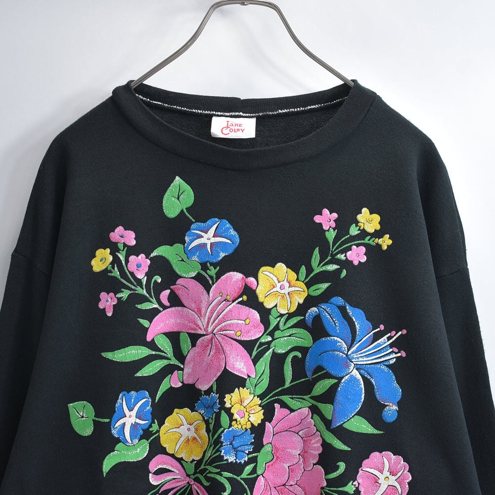 80~90s Jane Colby ジェーンコルビー ドロップショルダー フラワーブーケデザイン プリント スウェット トレーナー 花柄 ブラック ヴィンテージ ビンテージ USA アメリカ古着 レディースL~XL相当