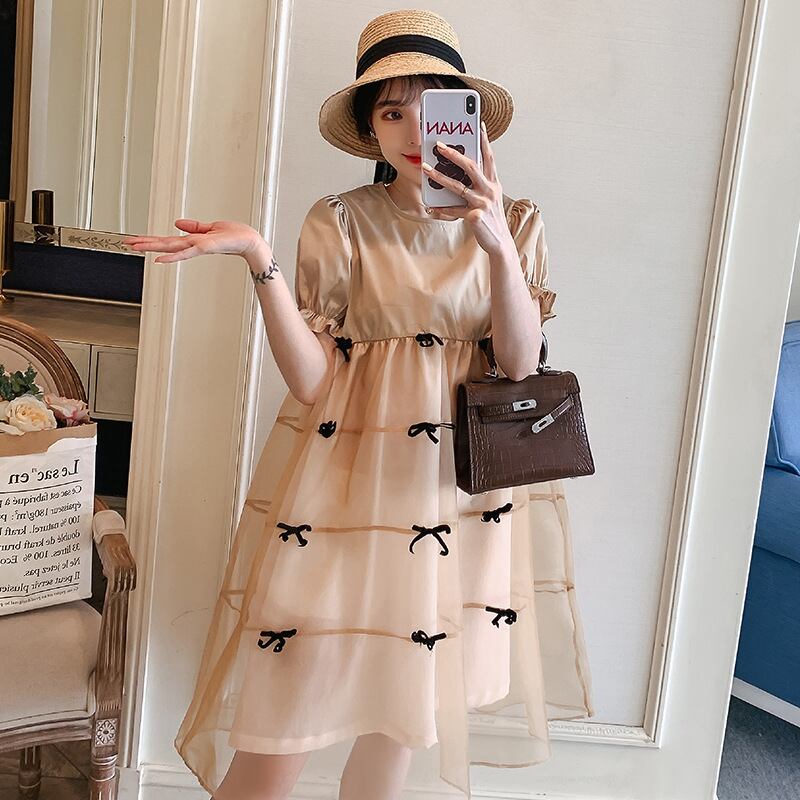 【新作】【送料無料】 マタニティウェア2020夏の新しいファッションオーガンザステッチドレスミドル丈ルーズマタニティドレス-アリババ サマー 夏物 expec282654672255