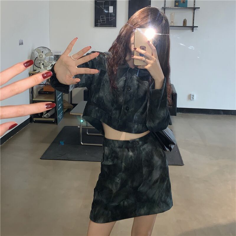 カーディガン絞り染めスモールジャケットレディース秋ルーズ長袖ショートジャケットトップインタイド ブラックストロベリース68479187775