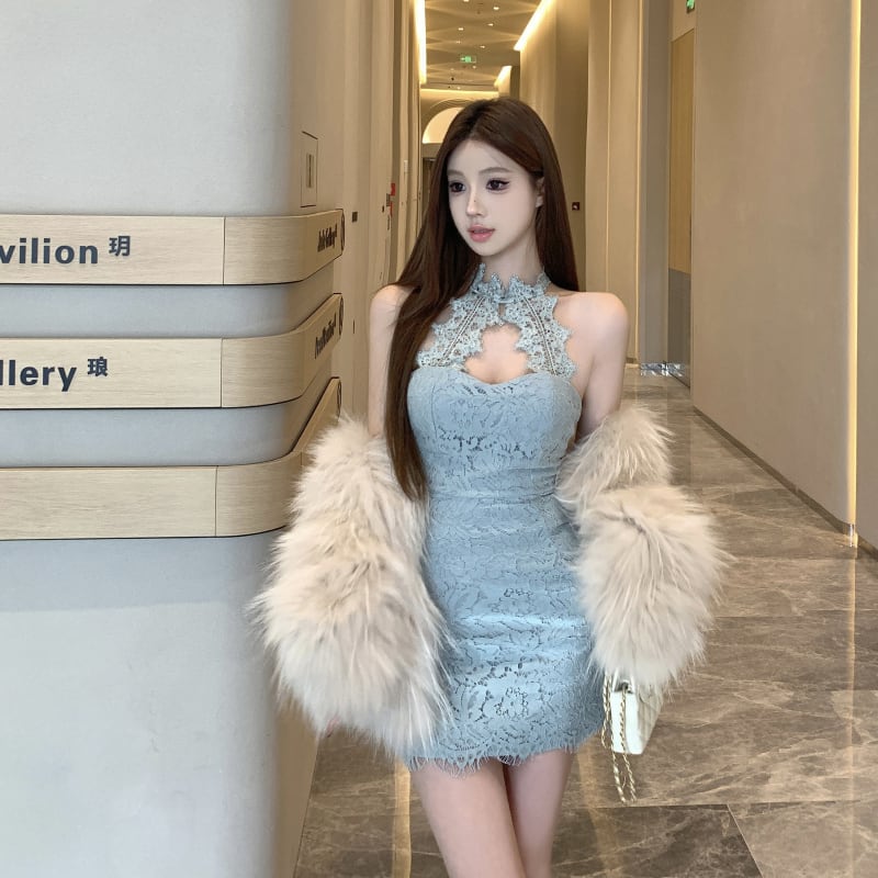 ミニドレスキャバクラレースホルターネックセクシー谷間見せナイト