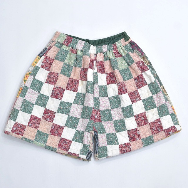 Remake リメイク ハンドメイド パッチワーク キルト デザイン ルーズシルエット ショートパンツ 花柄 幾何学模様 再構築 短パン ツギハギ W65～104cm