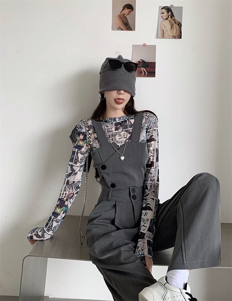 パンツ ルーズサマー薄手カジュアルグレーハイウェスト 夏物 ブラックストロベリース45041525001