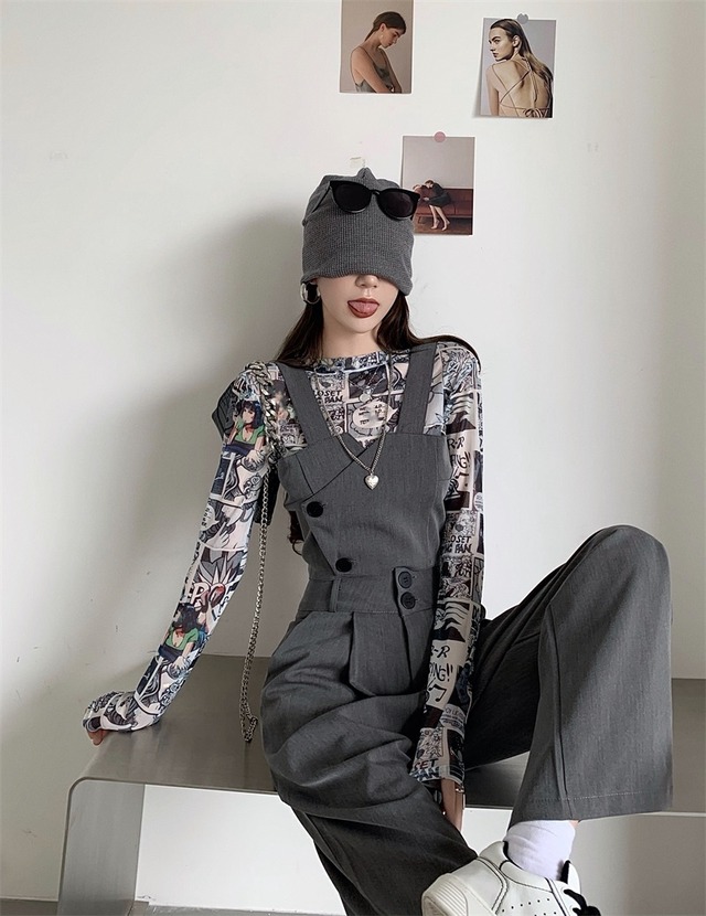 パンツ ルーズサマー薄手カジュアルグレーハイウェスト 夏物 ブラックストロベリース45041525001