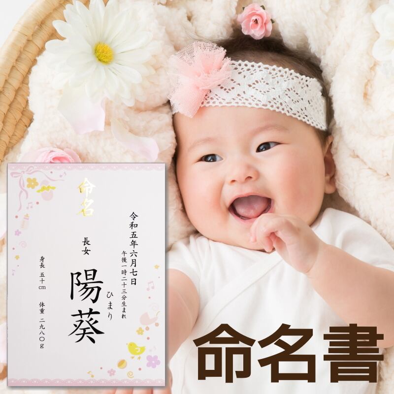 名入れ】 ピンク 命名書 - 女の子用 命名紙 / お名前＋生年月日＋ご