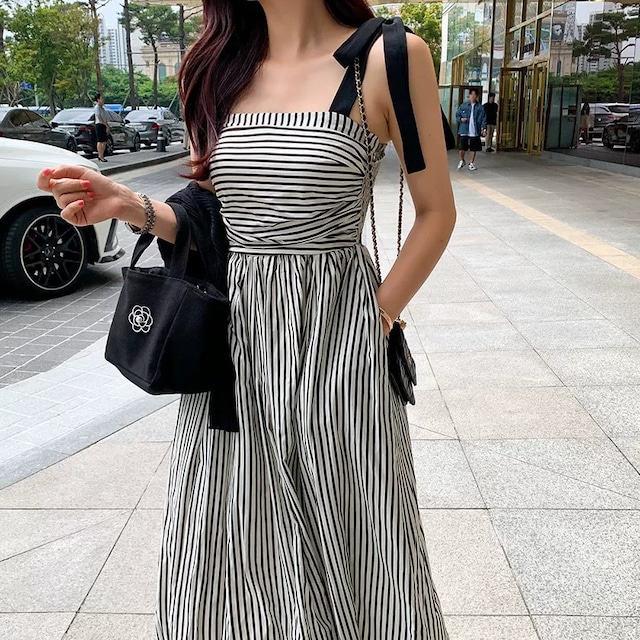 Shoulder ribbon stripe dress A1724