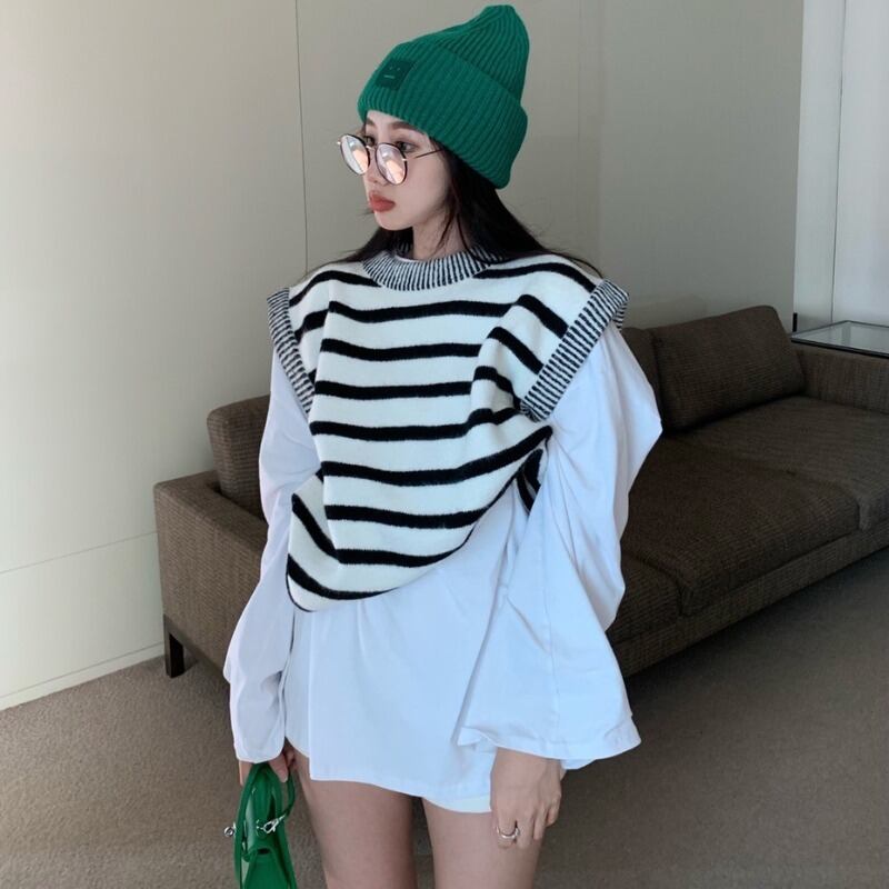 スタンダードスタイルオータムストライプホワイトTシャツ ロング レトロ 秋物 モンロー24236424252