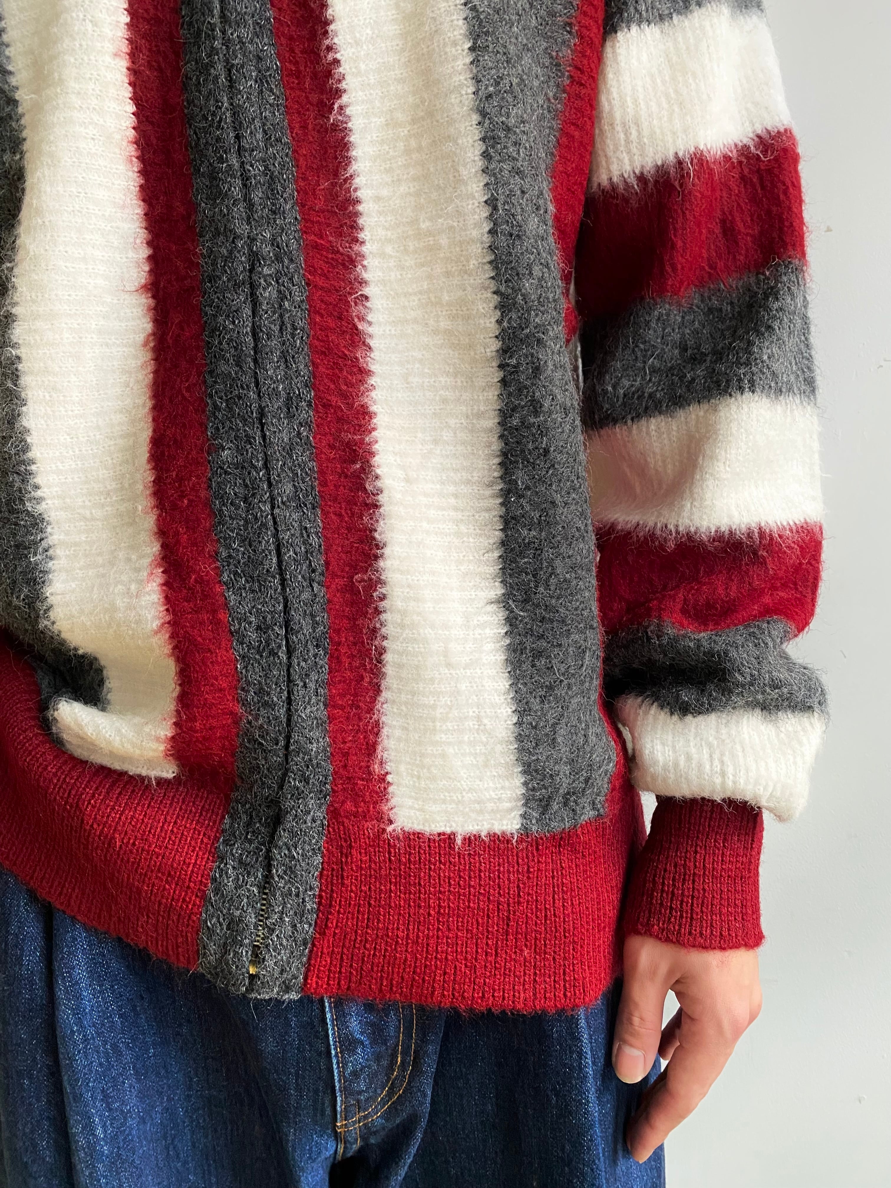 60s BRENT MONTGOMERY WARD SHAGGY KNIT ZIP UP STRIPE CARDIGAN