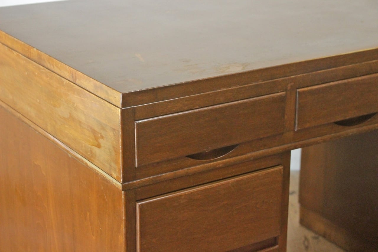 レトロ 両袖デスク 机 書斎 作業台 引き出し 抽斗 9杯 分割可能