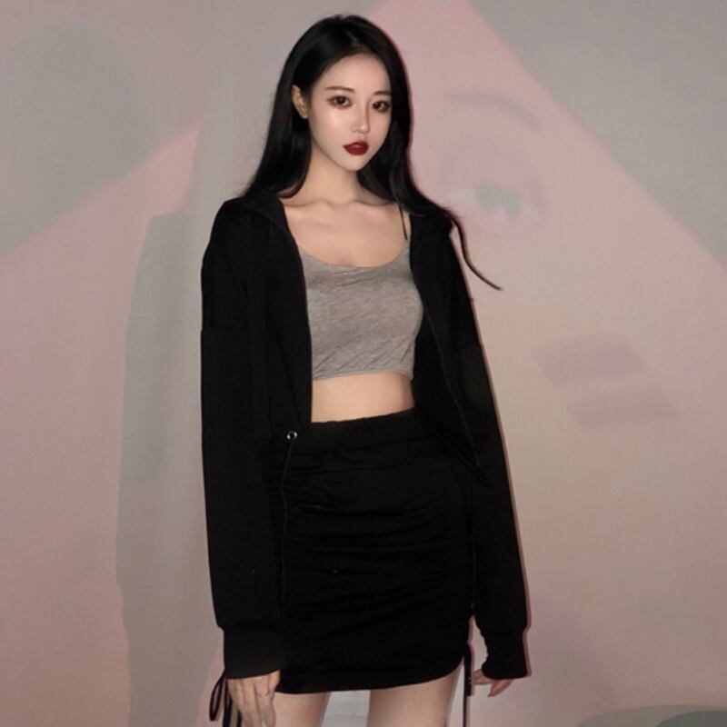 スプリングスタイルギャザーフードセーター カーディガンジャケット ハイウェストウェストニットスカート 春物 YY-ファッション58808663057