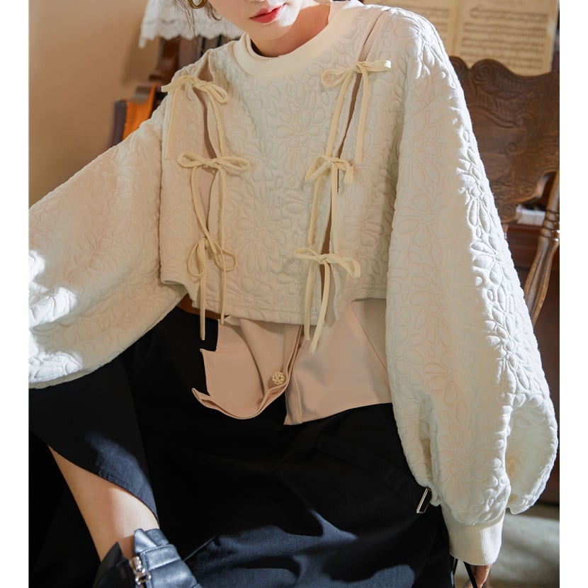 Emboss flower ribbon pullover*S-237