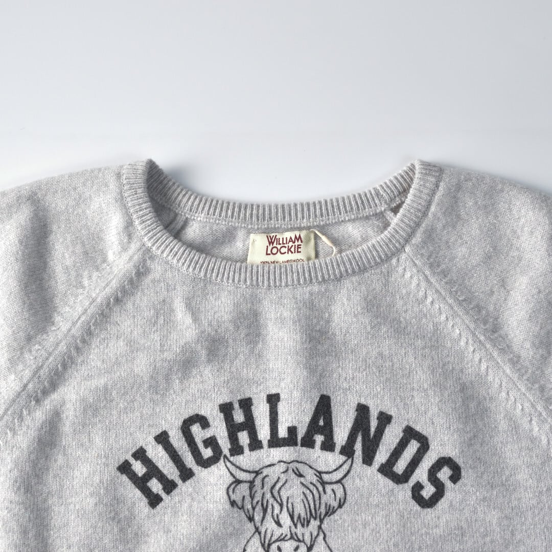 William Lockie ウイリアムロッキー ラムウールラグランプリントセーター "HIHALANDS ISLANDS"・グレイ【送料無料】