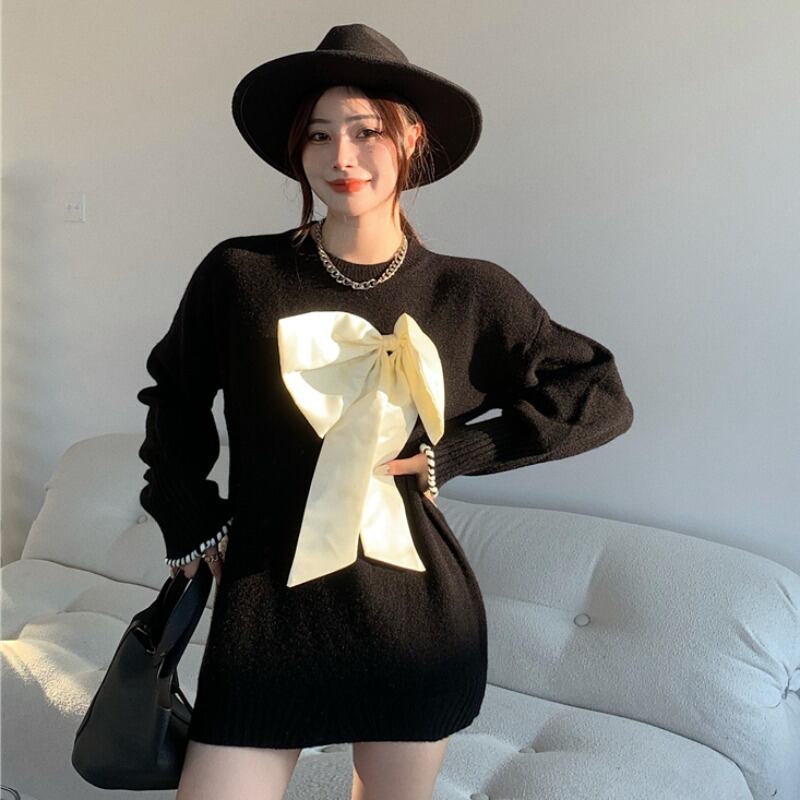 ニットルーズプルオーバー オータムウィンターリボンセーター 秋物 冬物 ハンチェンe89713725589