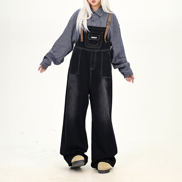 レトロステッチデニムサロペット 2col   R01052