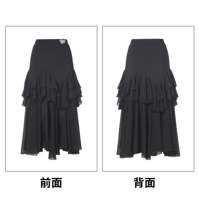 V字 ラッフル ティアード シフォン ロングフレアスカート 1col　D00434