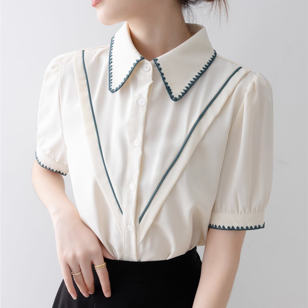 ステッチカラー&スリーブ ポロカラー パフスリーブブラウス 00530