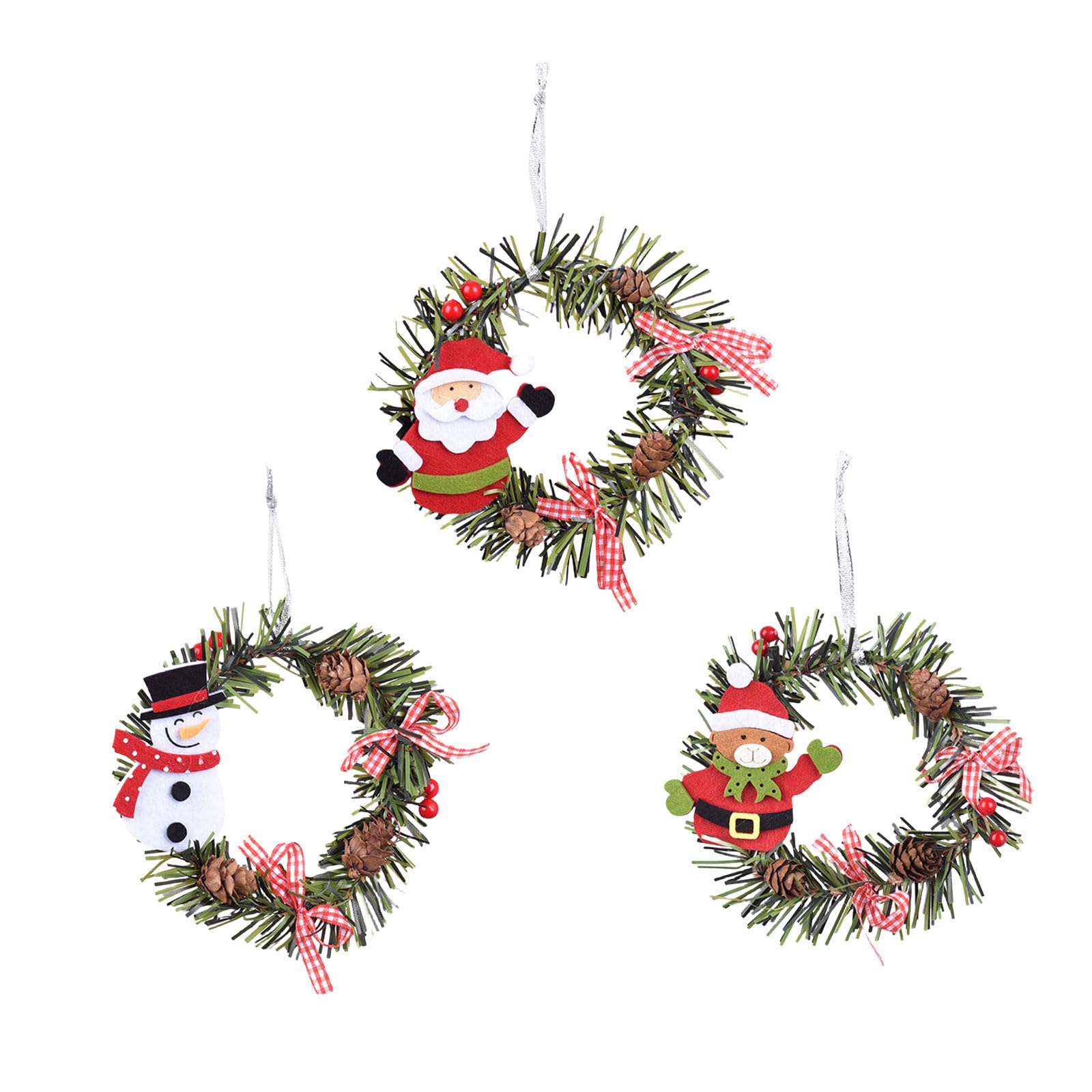 【在庫処分】クリスマスリース 15cm 3個セット クリスマス飾り かわいい サンタクロース 雪だるま クマ 松ぼっくり付き 花輪 クリスマスツリー オーナメント ドア 玄関リース 壁掛け インテリア 装飾 プレゼント(A)