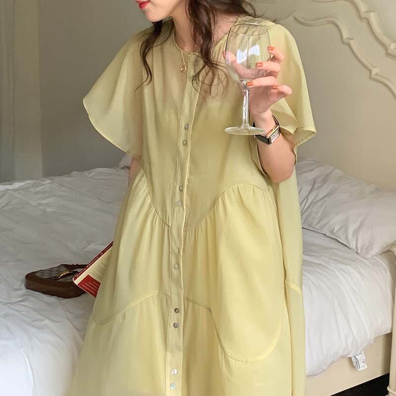 ロングAラインドレス サマーラウンドネック半袖スリーブ薄手 ショート ハーフスリーブ 夏物 Oネック ビッグFスモールZ韓国71787735065