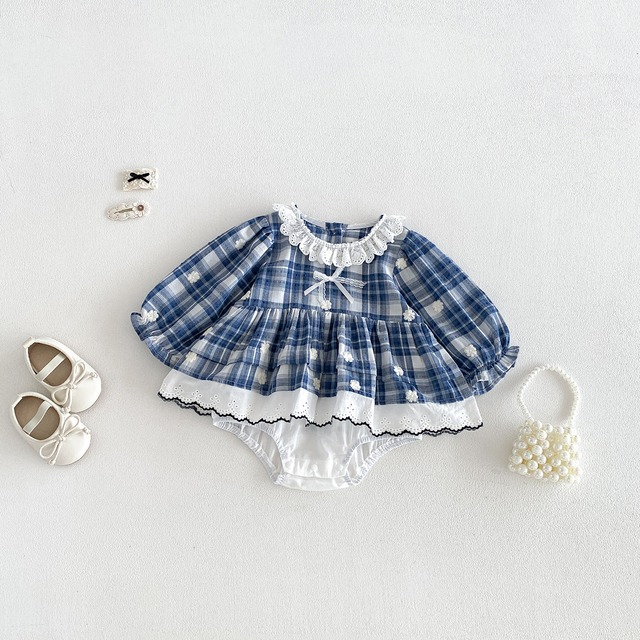 【BABY】ブルーチェックレースロンパース