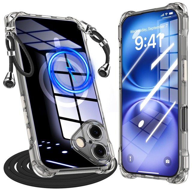QOUNVYW に適合する iPhone 16 用のケース マグネット対応 耐衝撃 TPU 素材 ストラップホール付き クリア