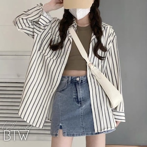 【韓国レディースファッション】オーバーサイズストライプシャツ シャツカーディガン カジュアル アメカジ サイズ豊富 プチプラ BW2566