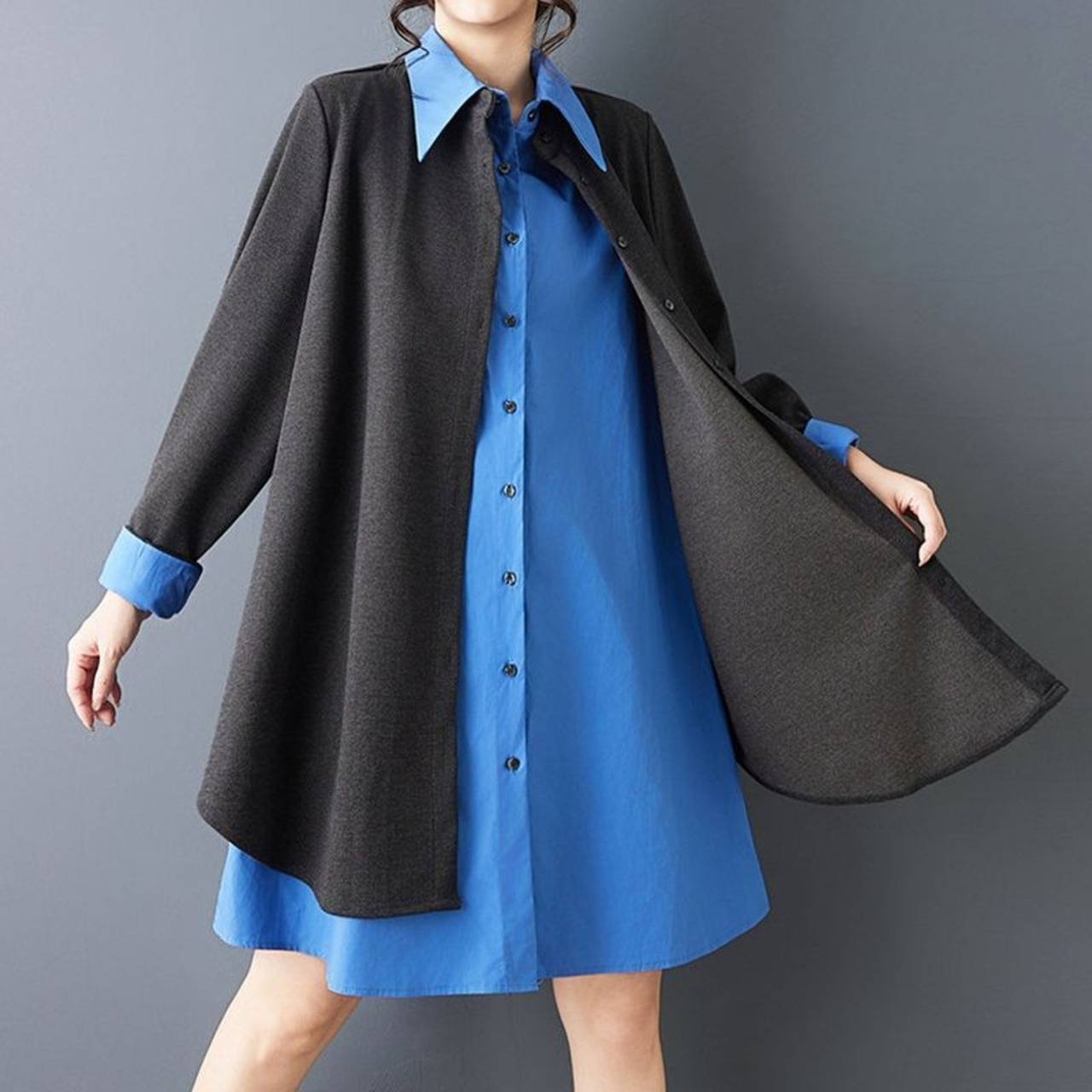 レイヤード風 配色 シャツワンピース  00130