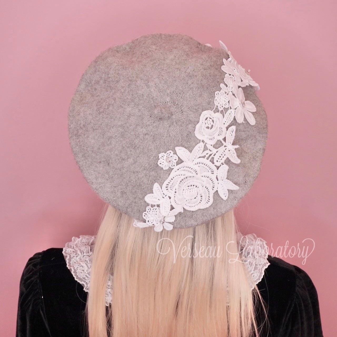 H10 【セール】 ベレー帽 薔薇レース乙女のベレー帽 グレー かわいい