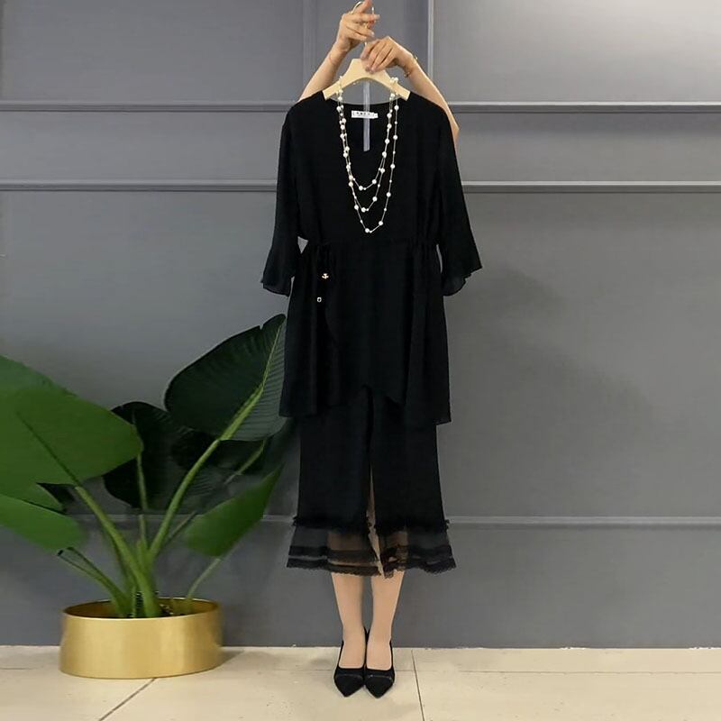 ラウンドネックTシャツ レディース薄手ルーズサマートップス シフォンカジュアルパンツ 大きめサイズ 夏物 Oネック ミックスインファッション12917880283