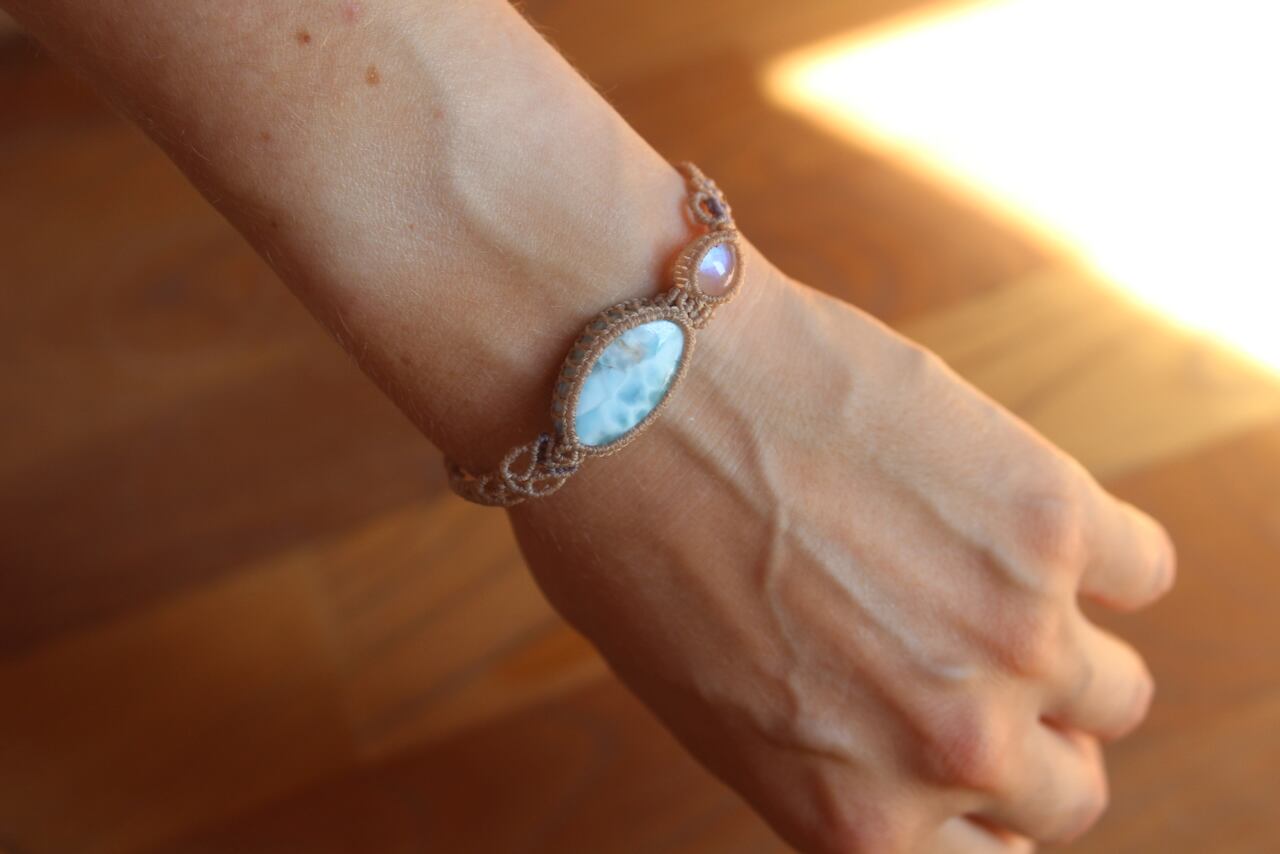 Larimar & Rainbow moonstone micro macrame bracelet