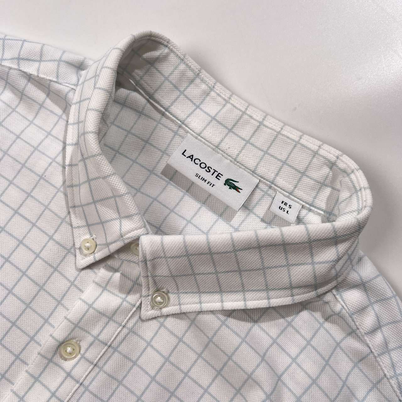LACOSTE ラコステ SLIM FIT チェック 鹿の子 半袖シャツ サイズ FR 5 US L/ラコステジャパン/シルバーワニ/メンズ/ホワイト×水色系
