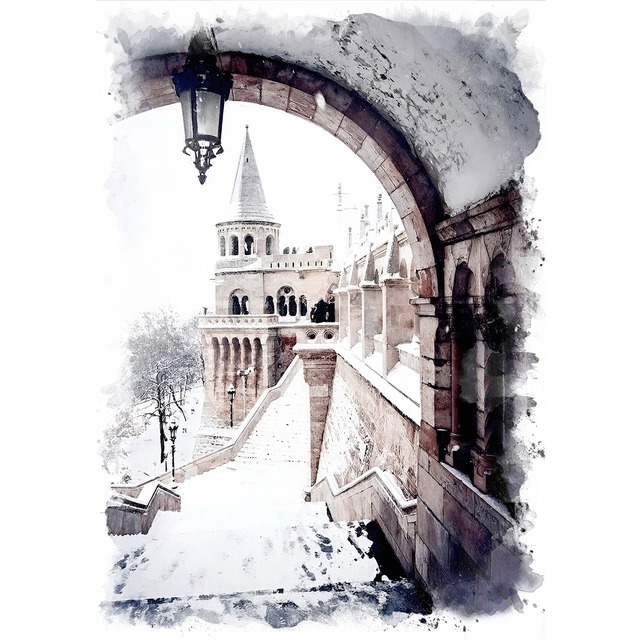 絵画 風景画(街並み)  ハンガリーブダペスト漁夫の砦 インテリアアート額付き 水彩画・油絵風 WAT1060