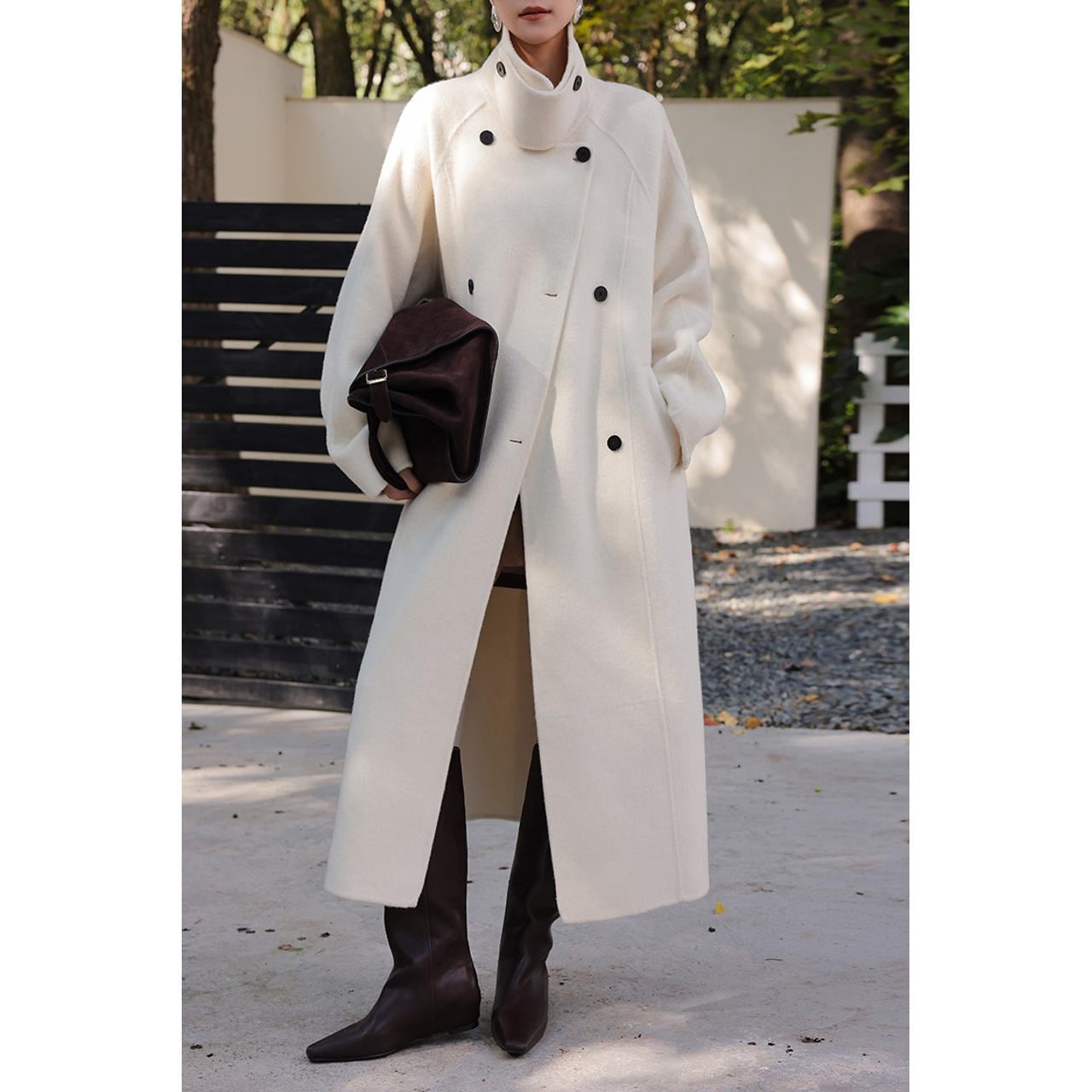 ダブルブレスト スタンドカラー ロングコート 1col H10603