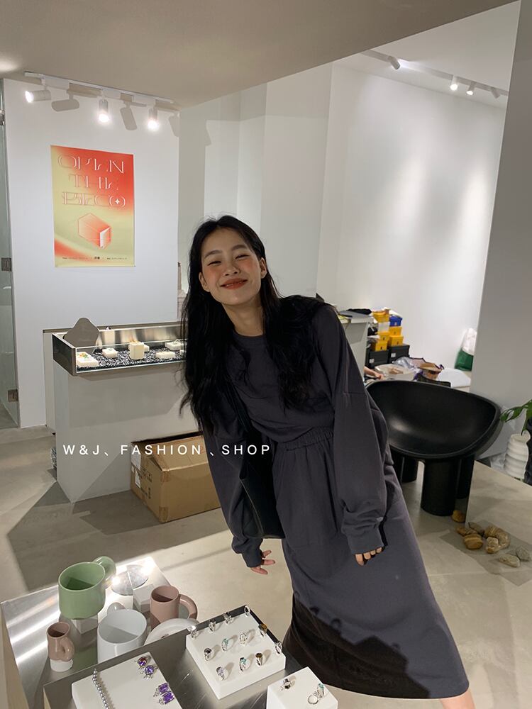 ソリッド カラーラウンドネックセーター レディースオータムスタイルハイウェストウェストプリーツスリムスカート 秋物 Oネック ソリッドカラー ビッグFスモールZ韓国44008501754