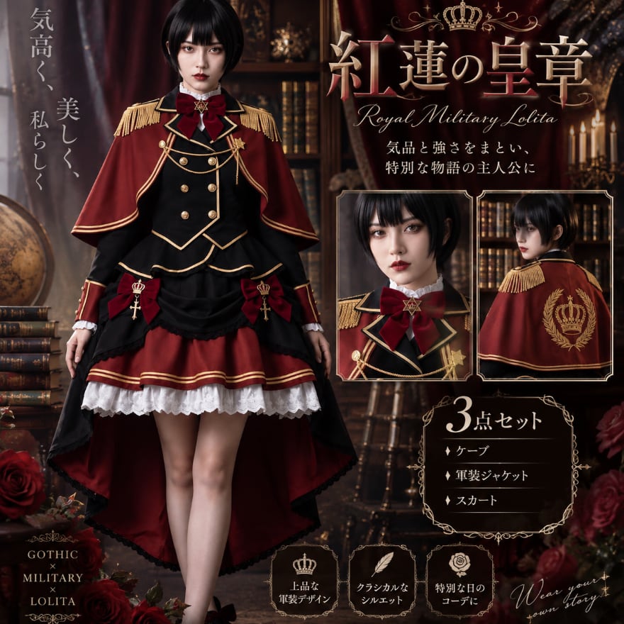 紅蓮の皇章 金縁ケープダブルボタン軍服ロリータ3点セット