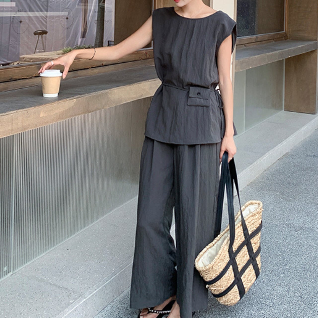 Grey 2way vest & wide leg pants set S1354